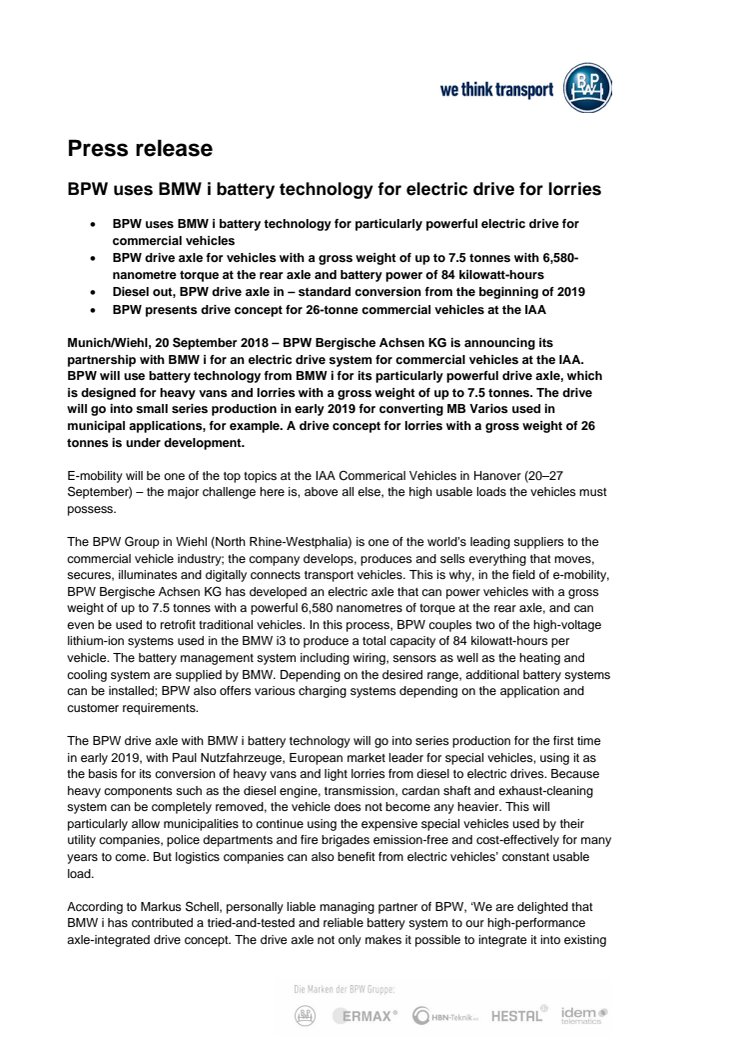 BPW uses BMW i battery technology for electric drive for lorries