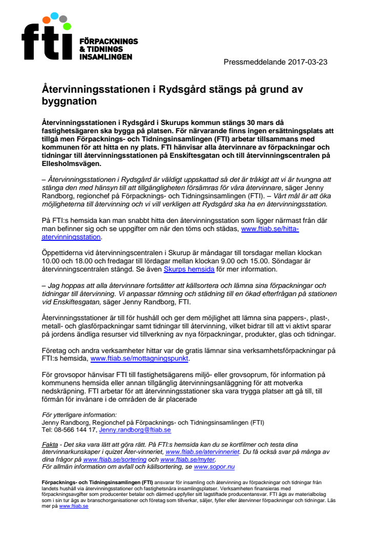Återvinningsstationen i Rydsgård stängs på grund av byggnation