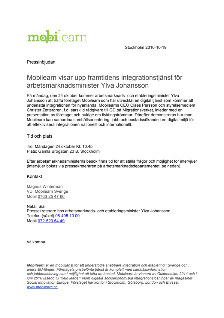 Pressinbjudan: Mobilearn visar upp framtidens integrationstjänst för arbetsmarknadsminister Ylva Johansson