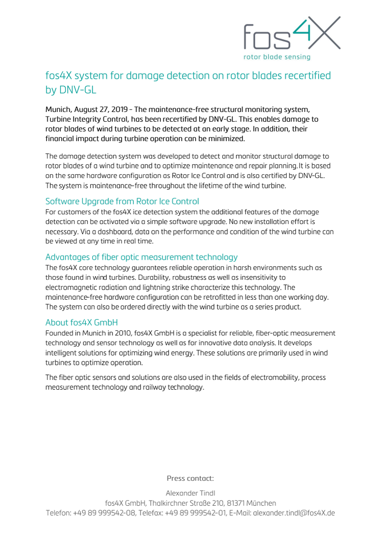 fos4X system for damage detection on rotor blades recertified by DNV-GL