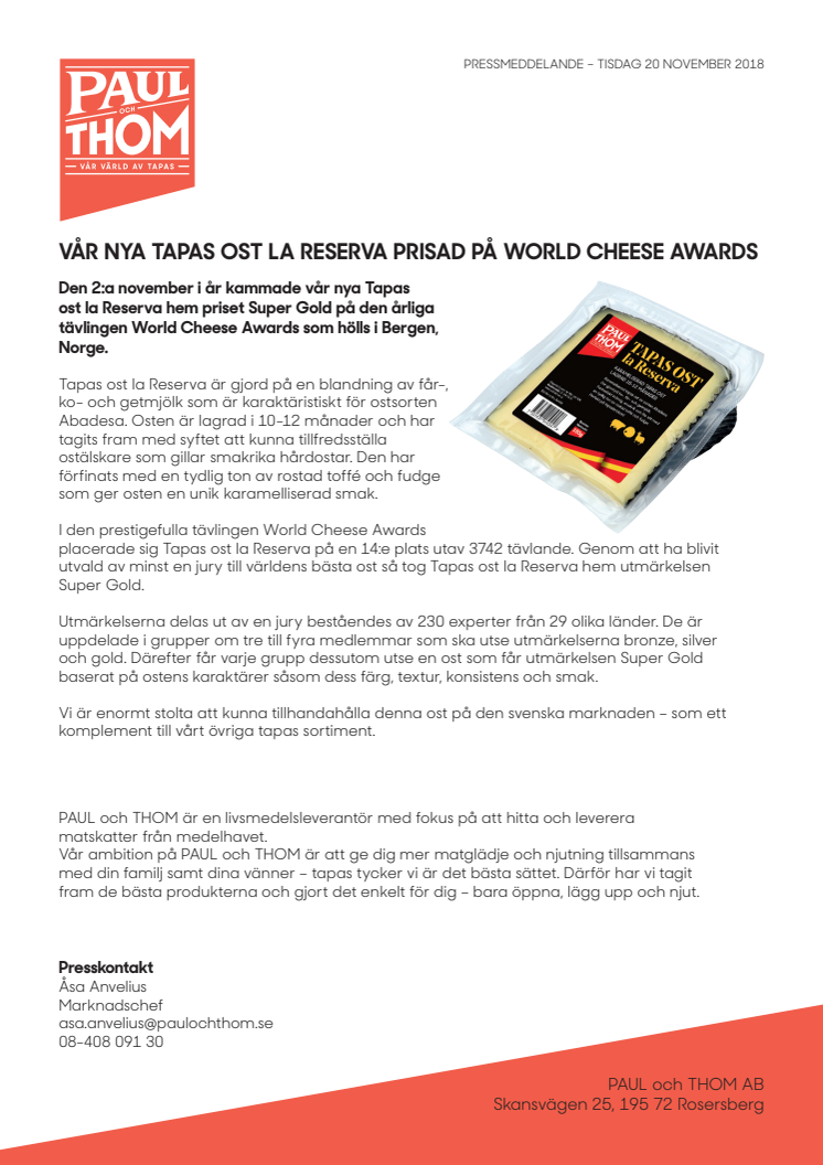 Vår nya Tapas ost La Reserva prisad på World Cheese Awards