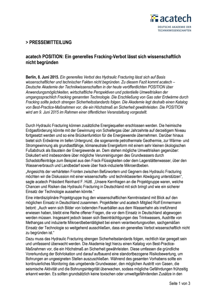 acatech POSITION: Ein generelles Fracking-Verbot lässt sich wissenschaftlich nicht begründen