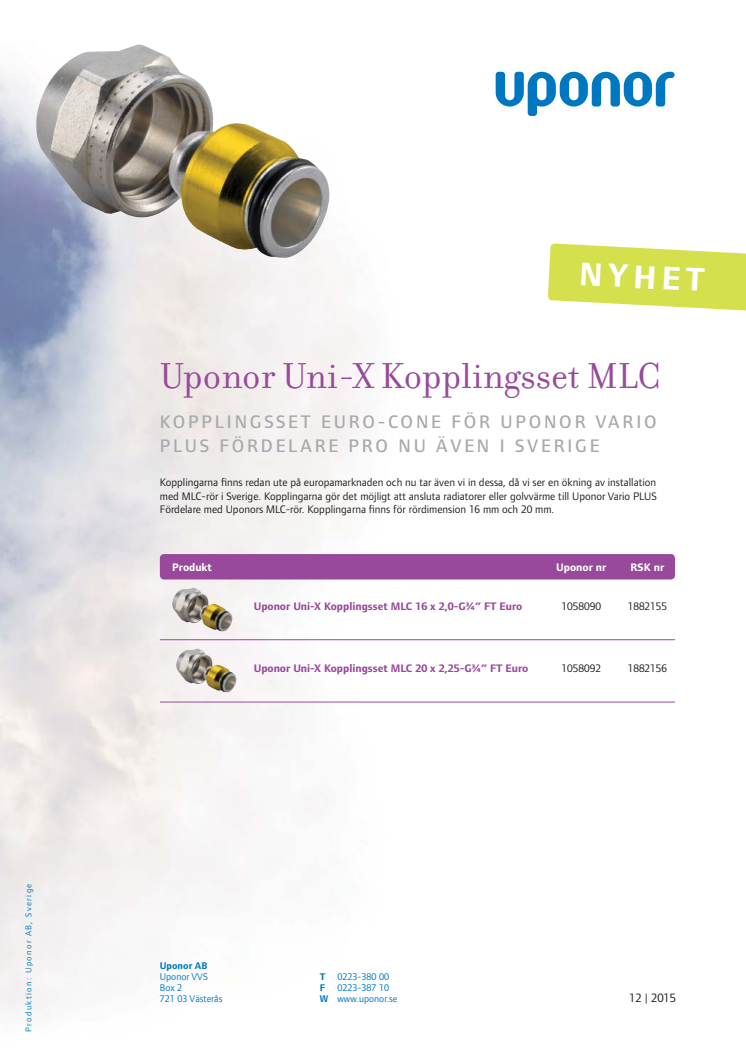 Uponor Uni-X Kopplingsset MLC med Euro-Cone för Uponor Vario PLUS fördelare PRO nu även i Sverige