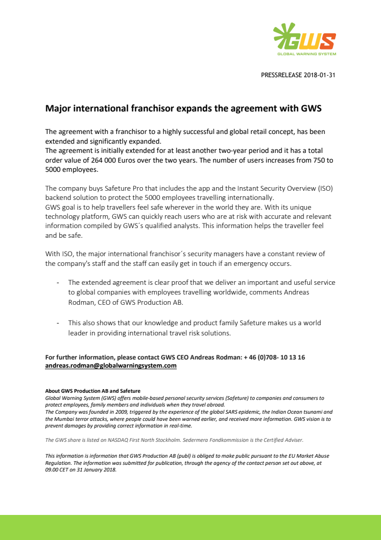 Major international franchisor expands the agreement with GWS