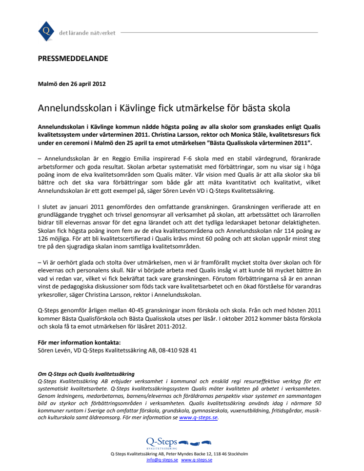 Annelundsskolan i Kävlinge fick utmärkelse för bästa skola