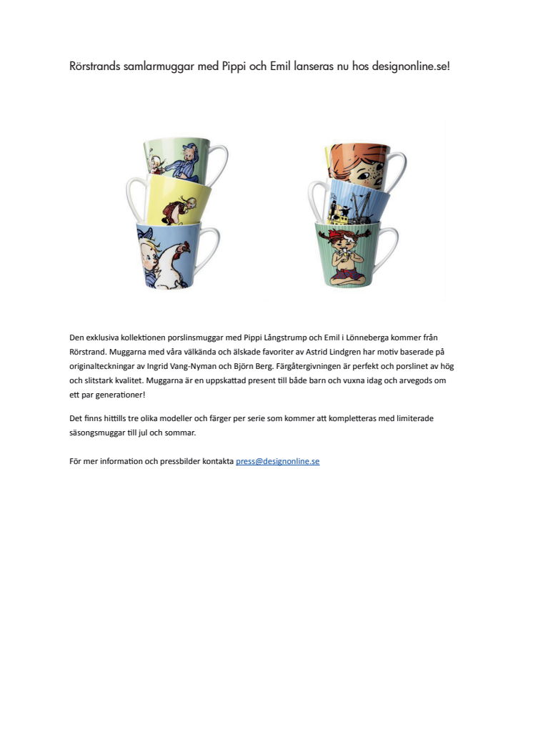 Rörstrands samlarmuggar med Pippi och Emil lanseras nu hos designonline.se!  