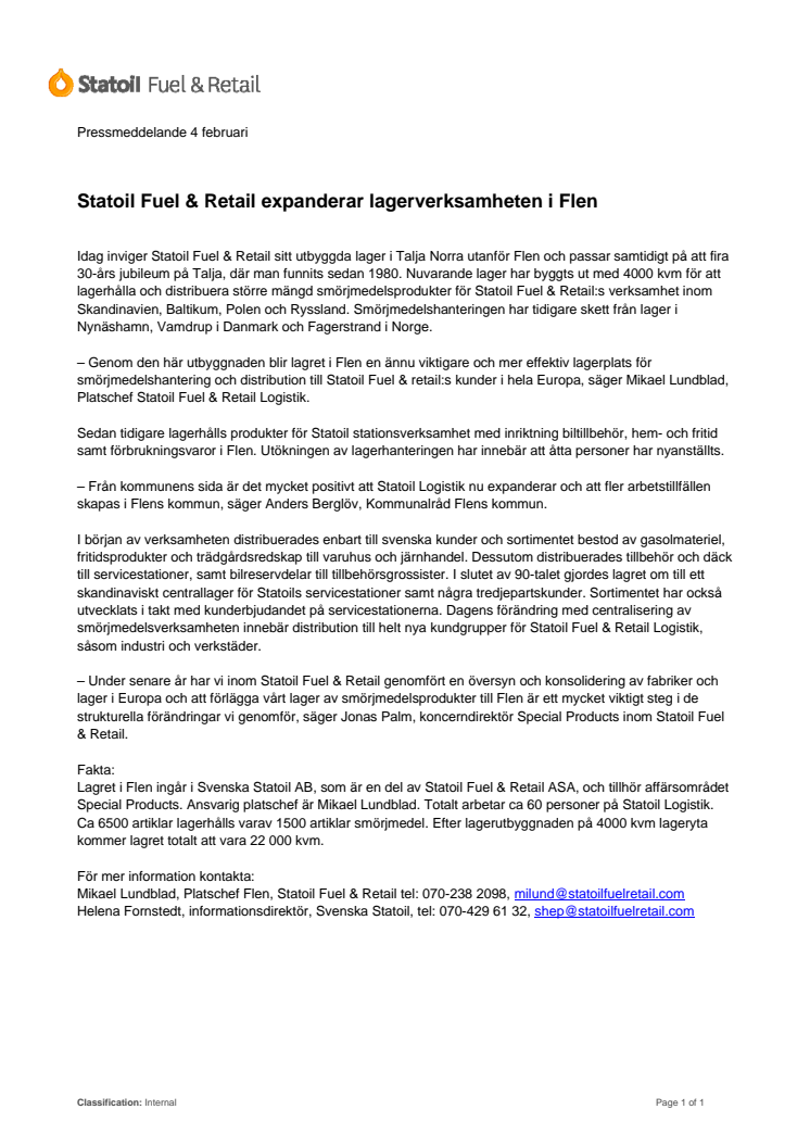 Statoil Fuel & Retail expanderar lagerverksamheten i Flen
