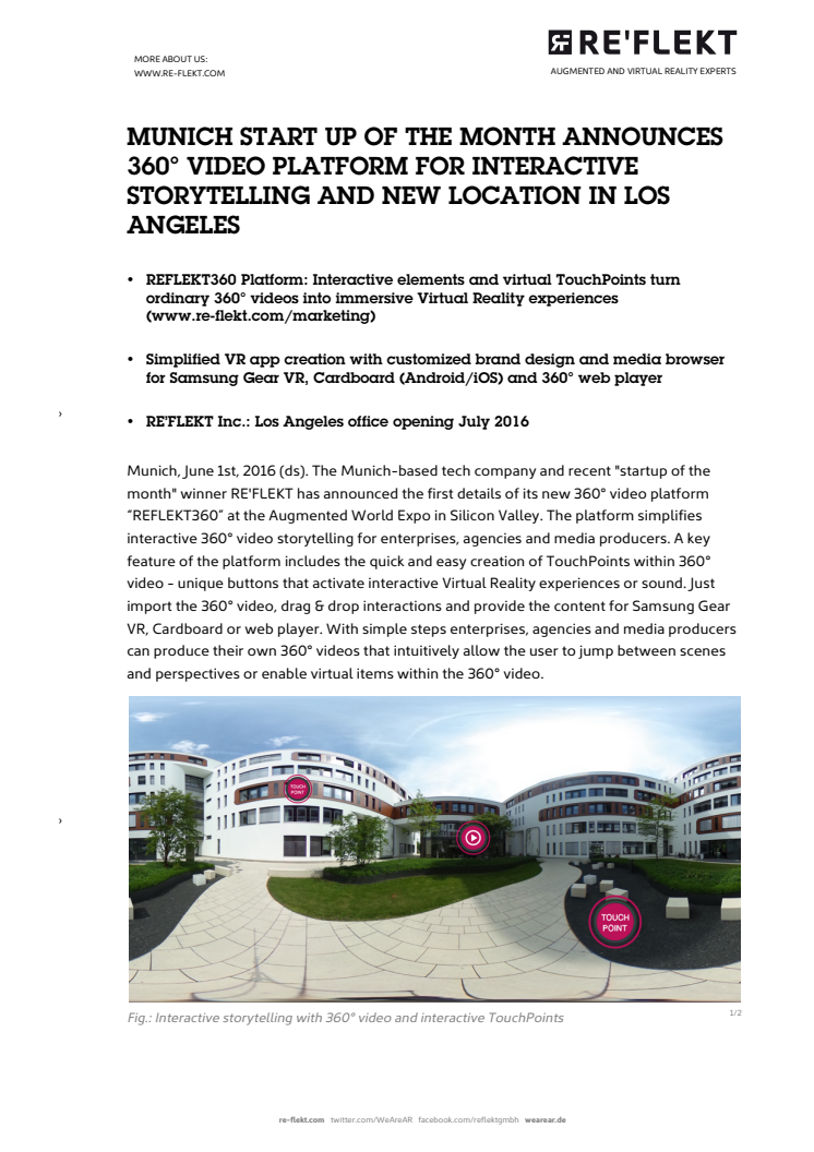 MUNICH START UP OF THE MONTH ANNOUNCES 360° VIDEO PLATFORM FOR INTERACTIVE STORYTELLING AND NEW LOCATION IN LOS ANGELES 