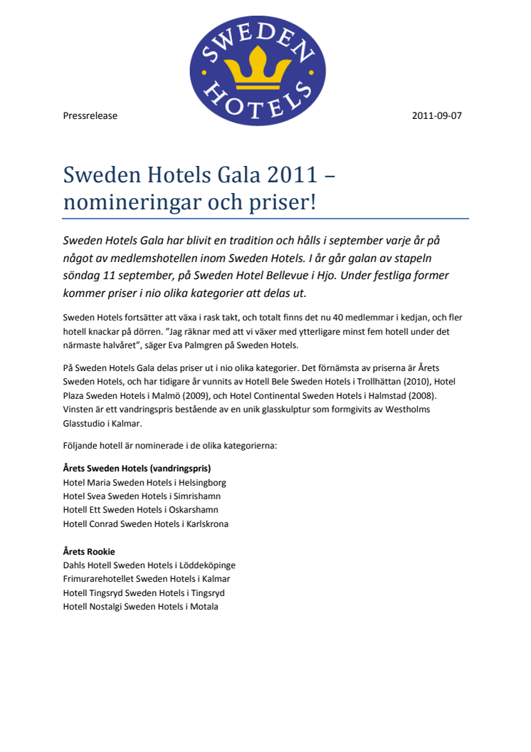 Sweden Hotels Gala 2011 - nomineringar och priser!
