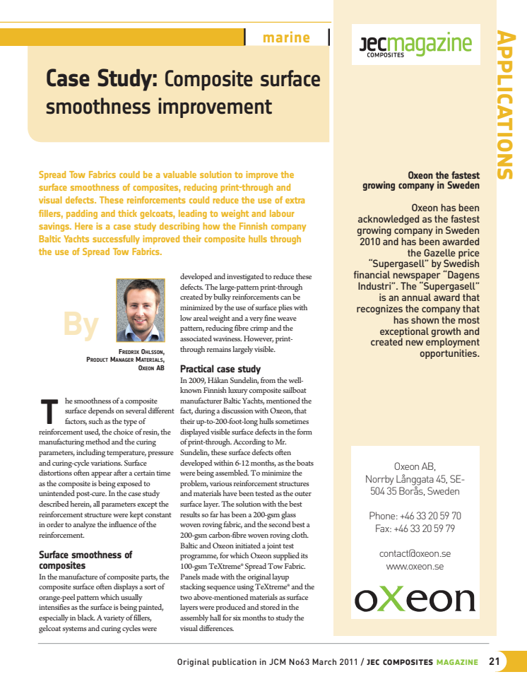 Case Study: Composites surface smoothness improvement published in JEC Composites Magazine no. 63 