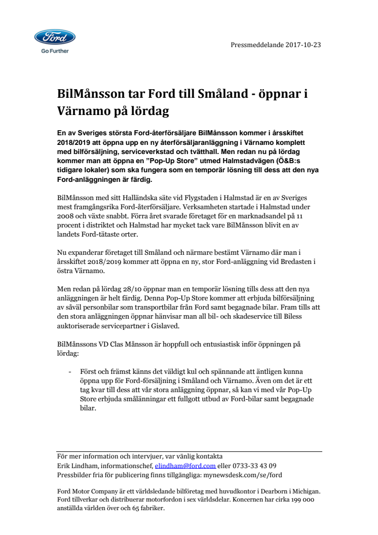 BilMånsson tar Ford till Småland - öppnar i Värnamo på lördag
