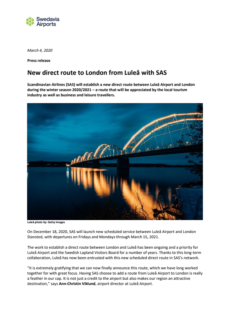 New direct route to London from Luleå with SAS 