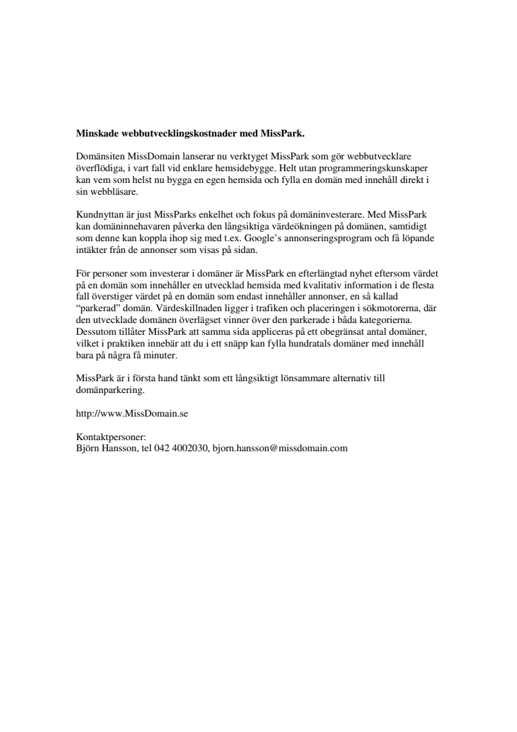 Minskade webbutvecklingskostnader med MissPark