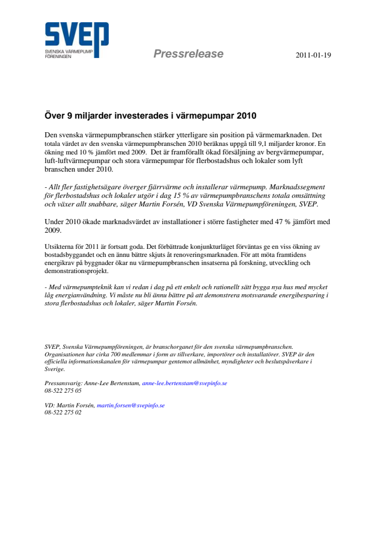 Över 9 miljarder investerades i värmepumpar 2010
