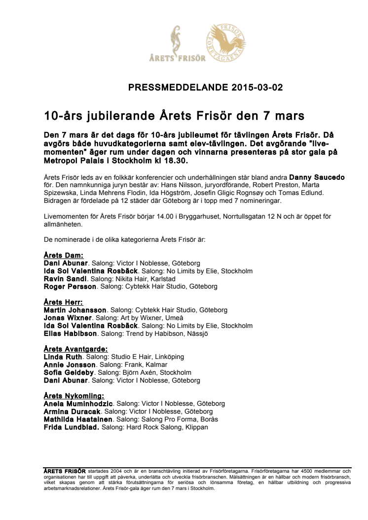 10-års jubilerande Årets Frisör den 7 mars