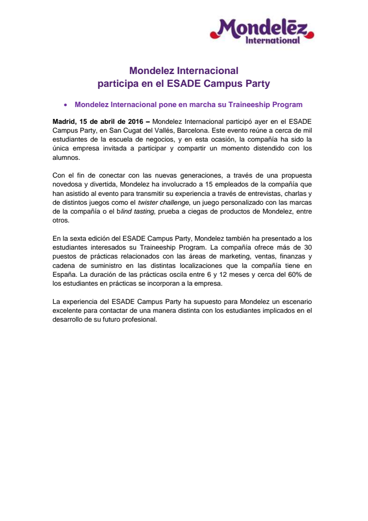 Mondelez Internacional  participa en el ESADE Campus Party