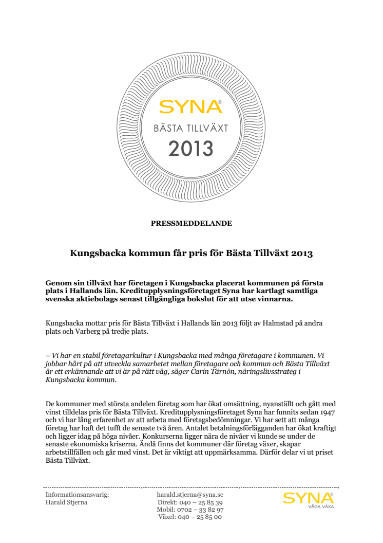 Kungsbacka kommun får pris för Bästa Tillväxt 2013