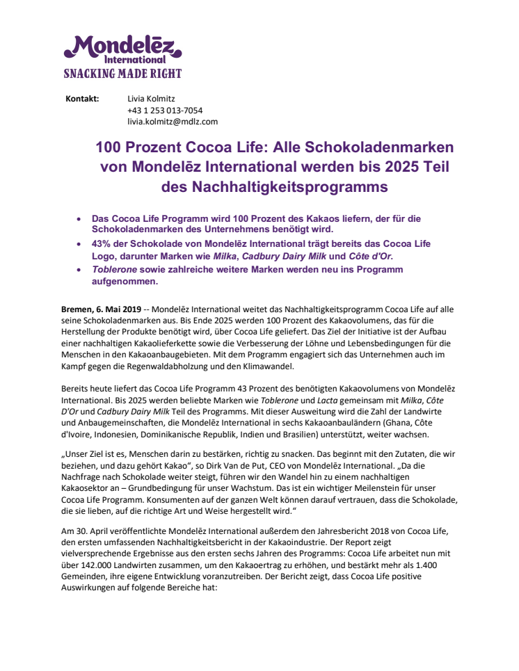 100 Prozent Cocoa Life: Alle Schokoladenmarken von Mondelēz International werden bis 2025 Teil des Nachhaltigkeitsprogramms 