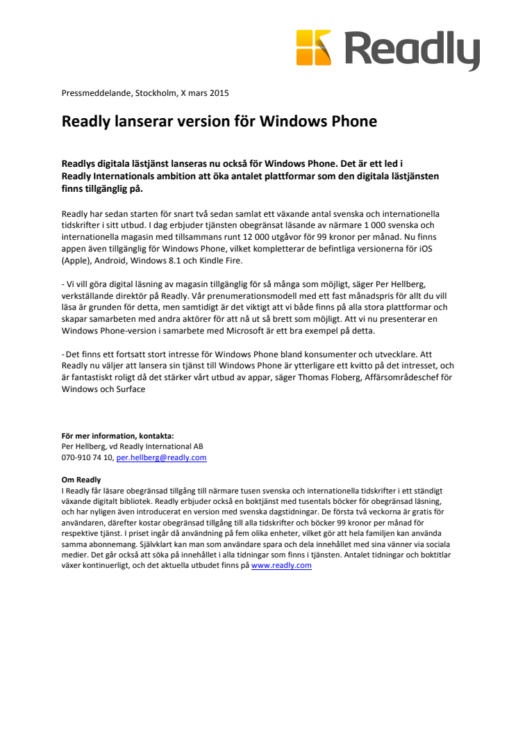 Readly lanserar version för Windows Phone