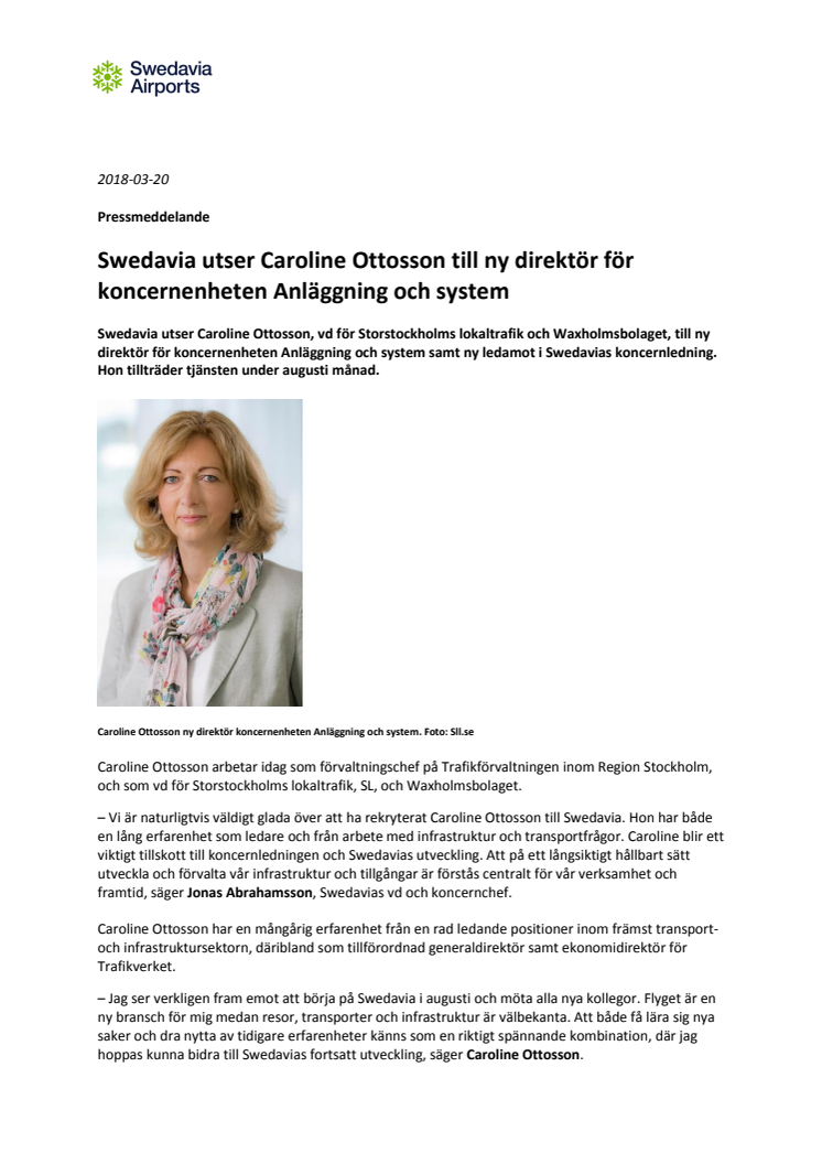 Swedavia utser Caroline Ottosson till ny direktör för koncernenheten Anläggning och system