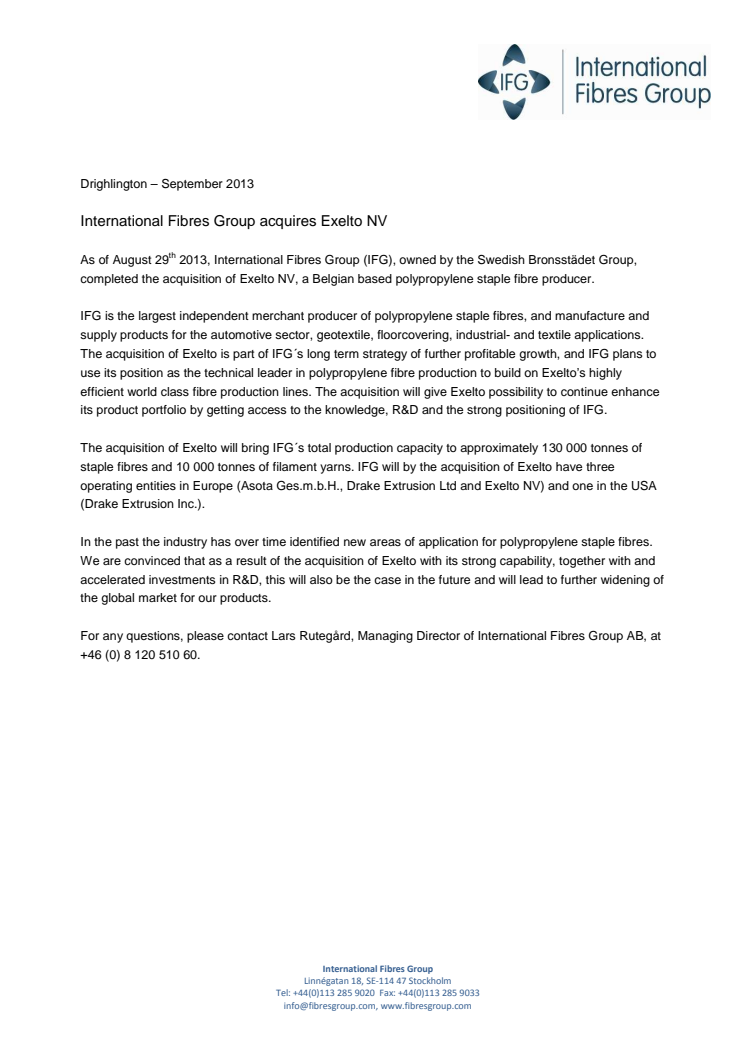 International Fibres Group acquires Exelto NV