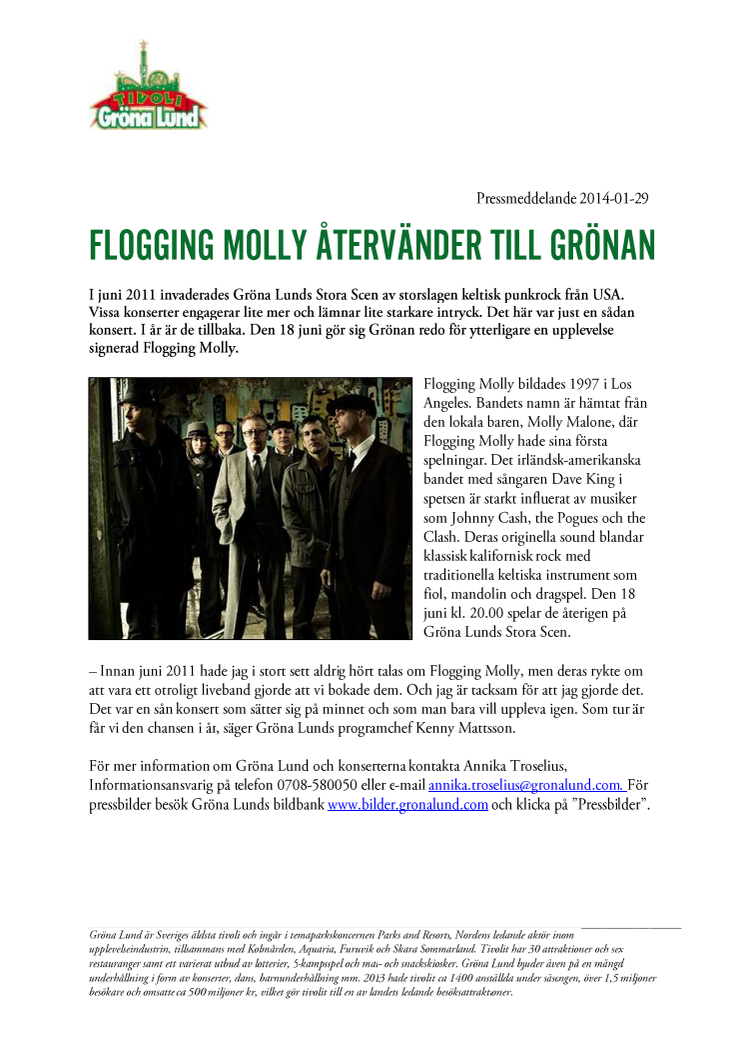 Flogging Molly återvänder till Grönan