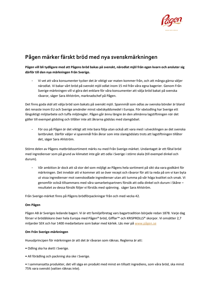 Pågen märker färskt bröd med nya svenskmärkningen