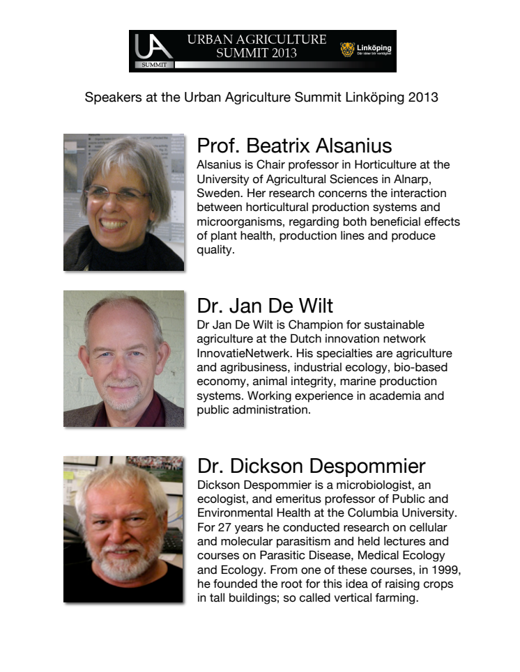 Speakers (with short bios) at the Urban Agriculture Summit 2013