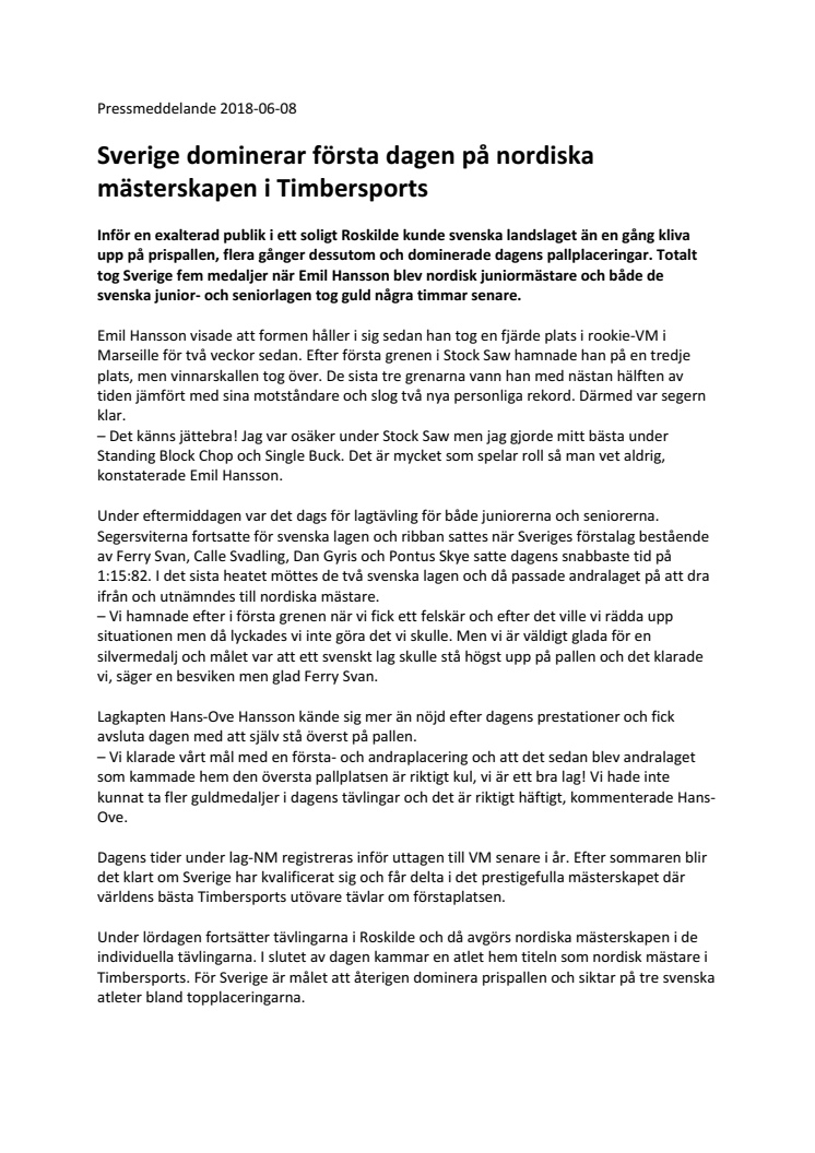 Sverige dominerar första dagen på nordiska mästerskapen i Timbersports