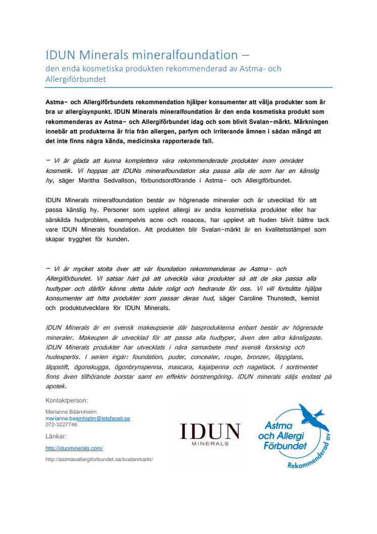 IDUN Minerals mineralfoundation –  den enda kosmetiska produkten rekommenderad av Astma- och Allergiförbundet