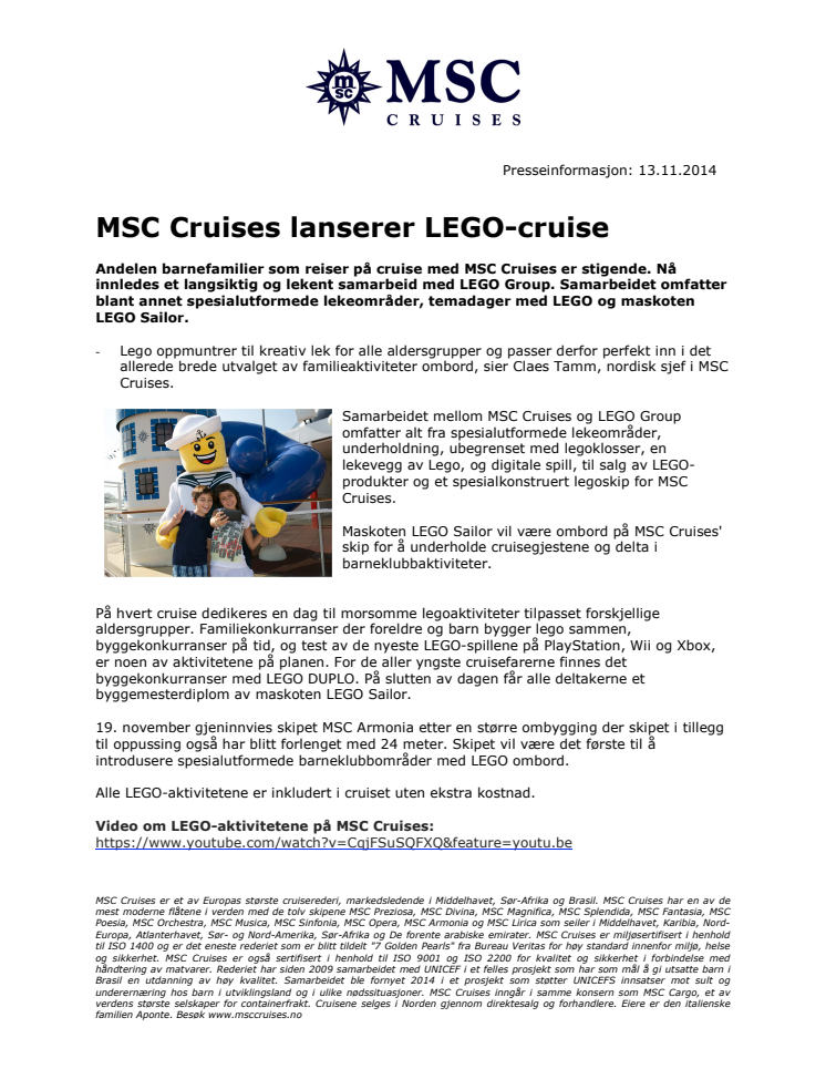 MSC Cruises lanserer LEGO-cruise