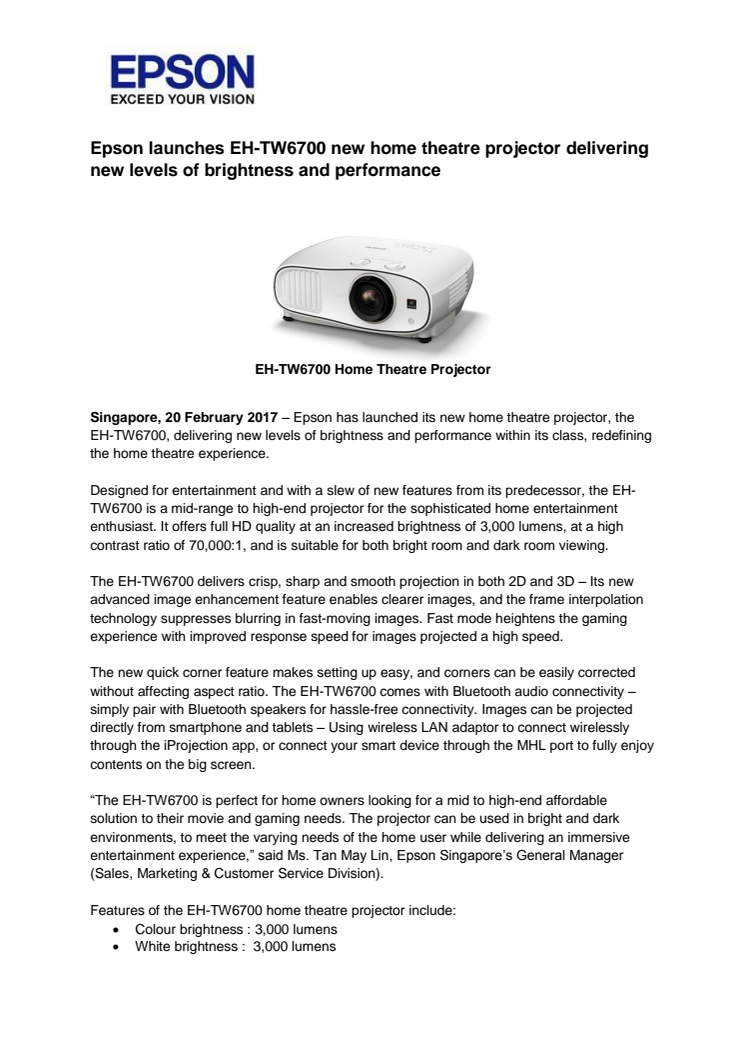 Epson launches EH-TW6700 new home theatre projector delivering new levels of brightness and performance