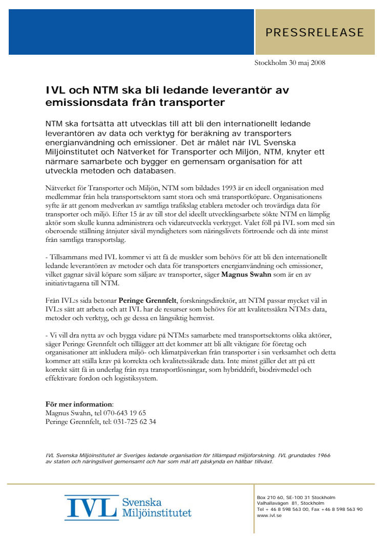 IVL och NTM ska bli ledande leverantör av emissionsdata från transporter