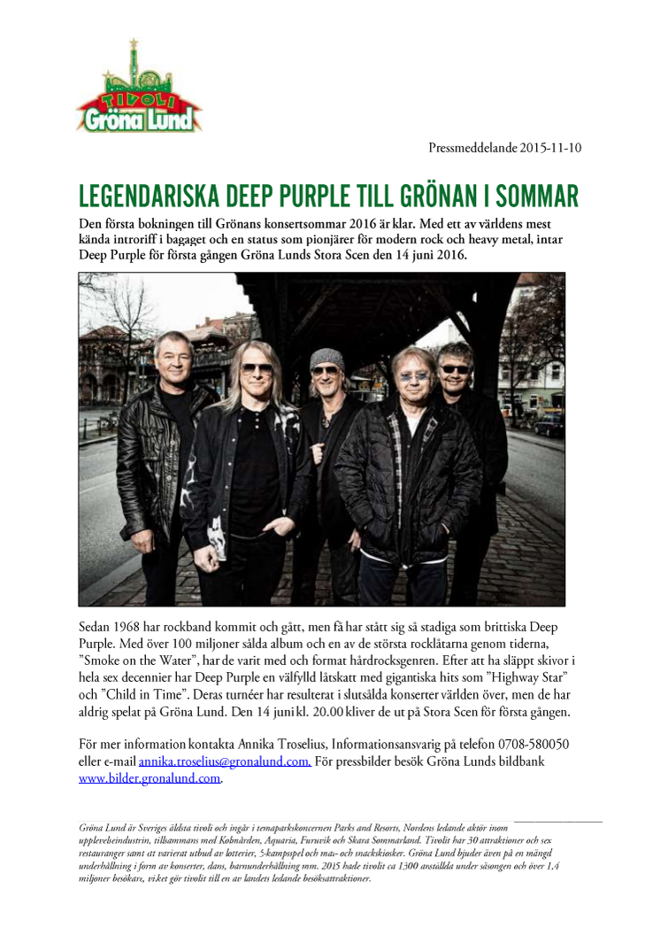 Legendariska Deep Purple till Grönan i sommar