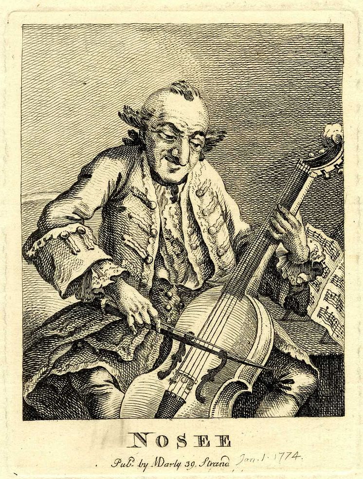 caricatura di violoncellista ebreo a Londra, d'autore ignoto (ca. 1760)
