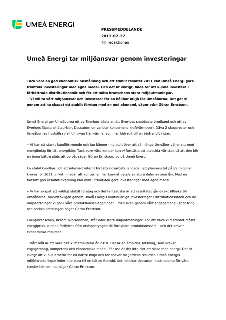 Umeå Energi tar miljöansvar genom investeringar 