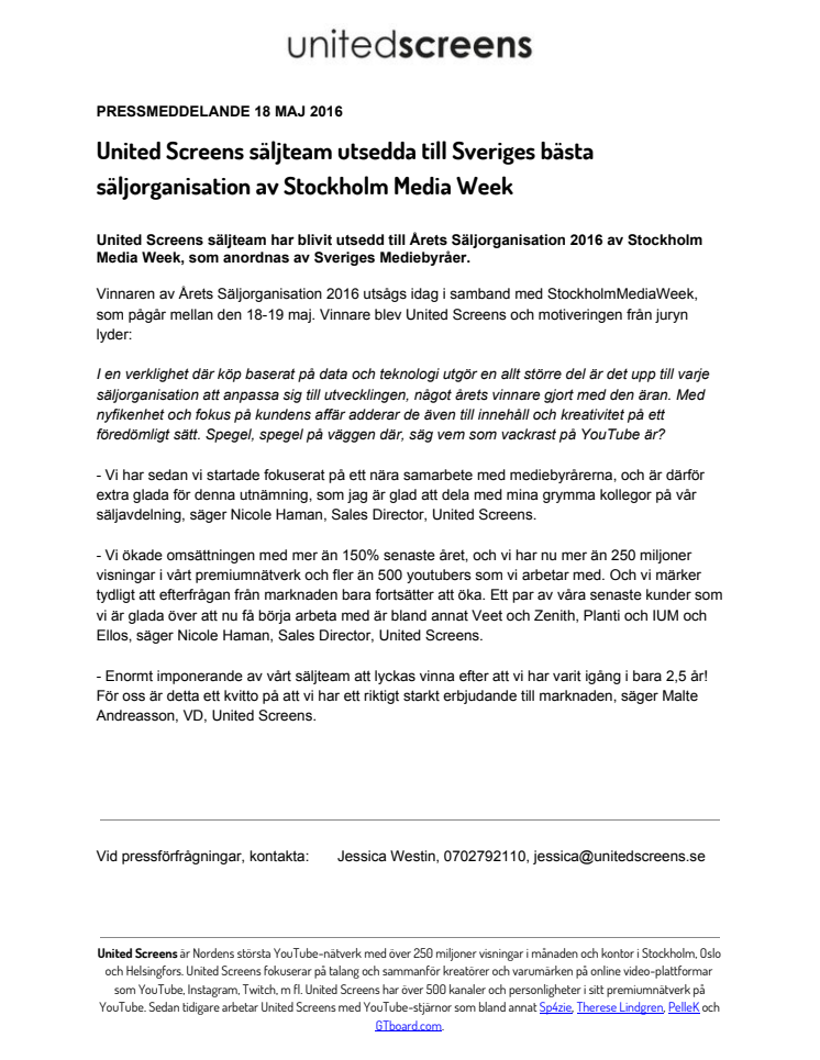 United Screens säljteam utsedda till Sveriges bästa säljorganisation av Stockholm Media Week
