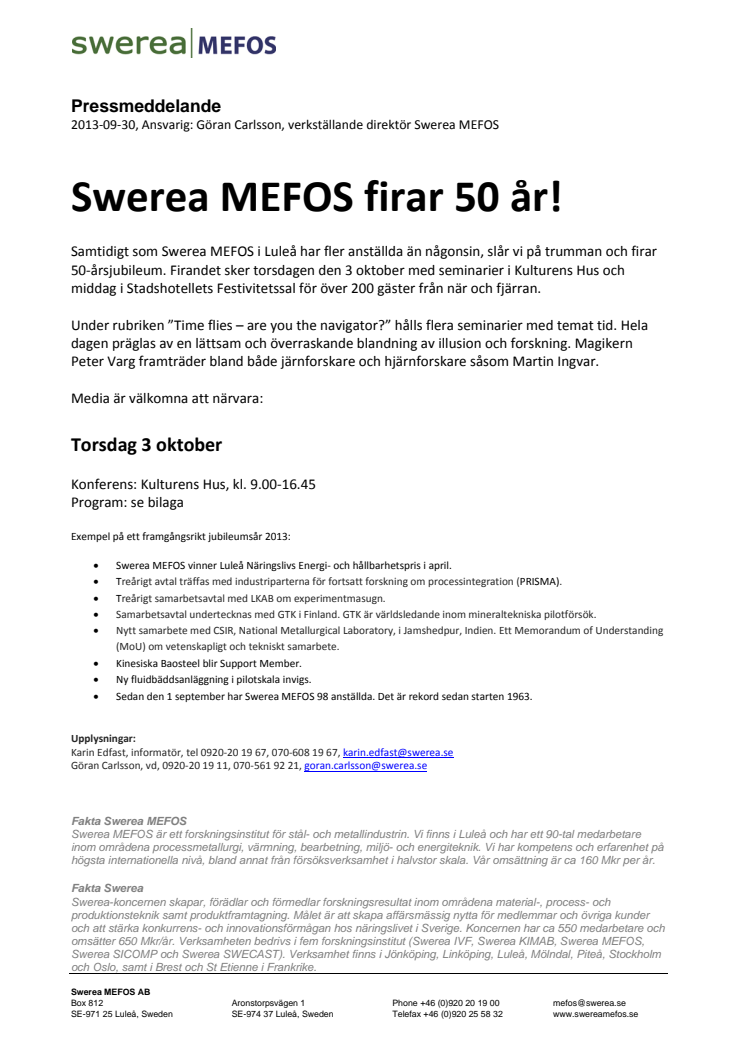 Swerea MEFOS firar 50 år!