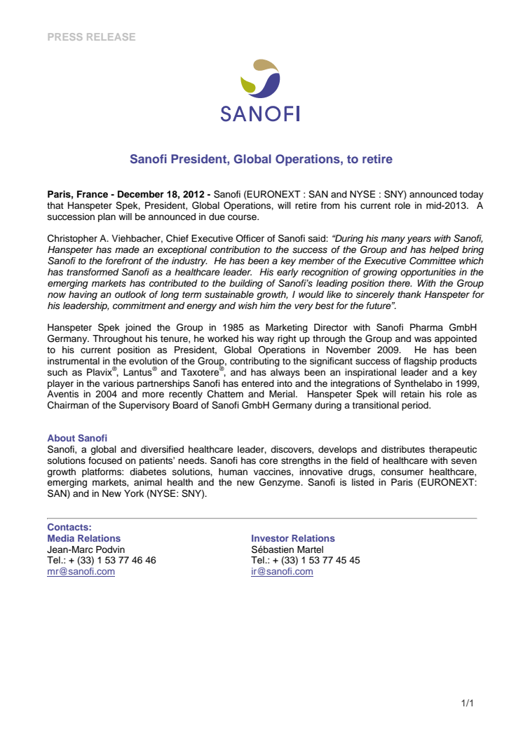 Sanofi President, Global Operations, to retire