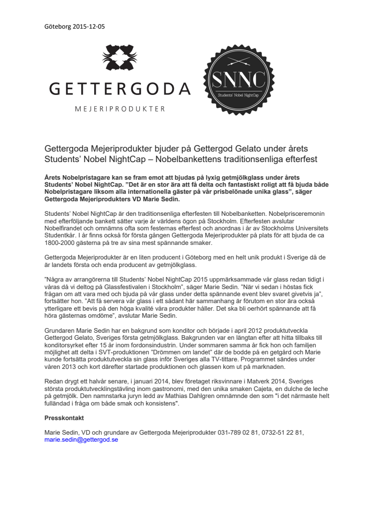 Gettergoda Mejeriprodukter bjuder på Gettergod Gelato under årets Students’ Nobel NightCap – Nobelbankettens traditionsenliga efterfest