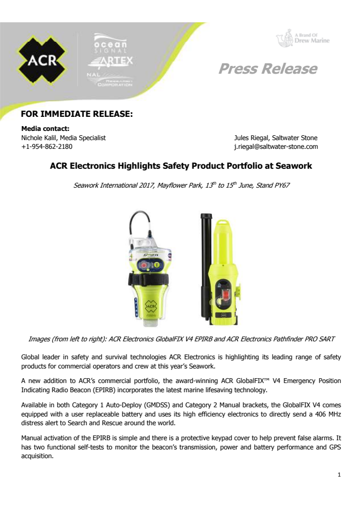 ACR Electronics (Seawork International - Stand PY67): ACR Electronics Highlights Safety Product Portfolio at Seawork 