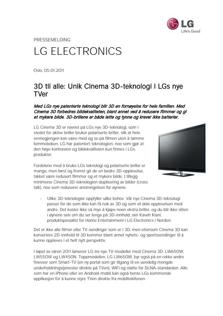 3D til alle: Unik Cinema 3D-teknologi i LGs nye TVer