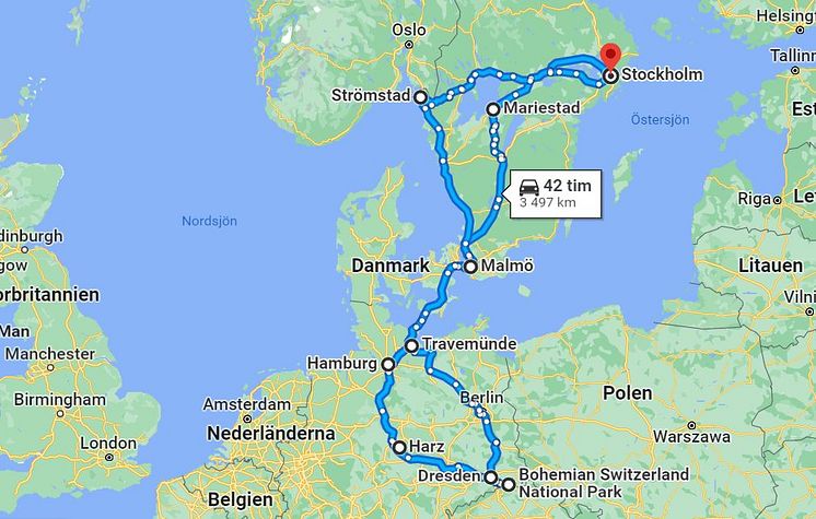 Kartbild över planerad resa 2022