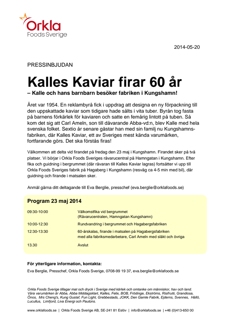 PRESSINBJUDAN Kalles Kaviar firar 60 år – Kalle och hans barnbarn besöker fabriken i Kungshamn!