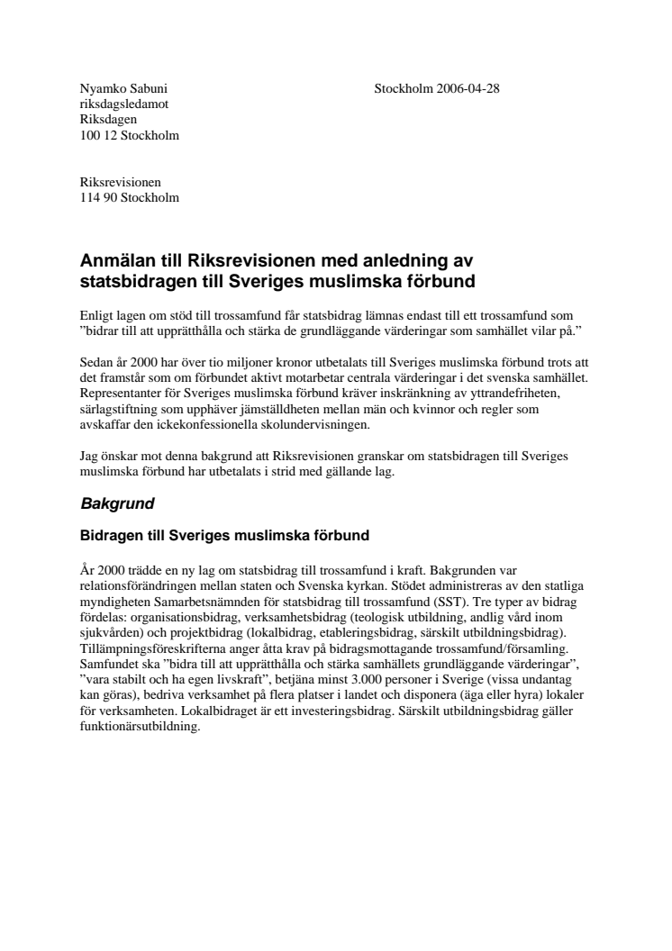 Fp anmäler Sveriges muslimska förbunds statsbidrag till Riksrevisionen