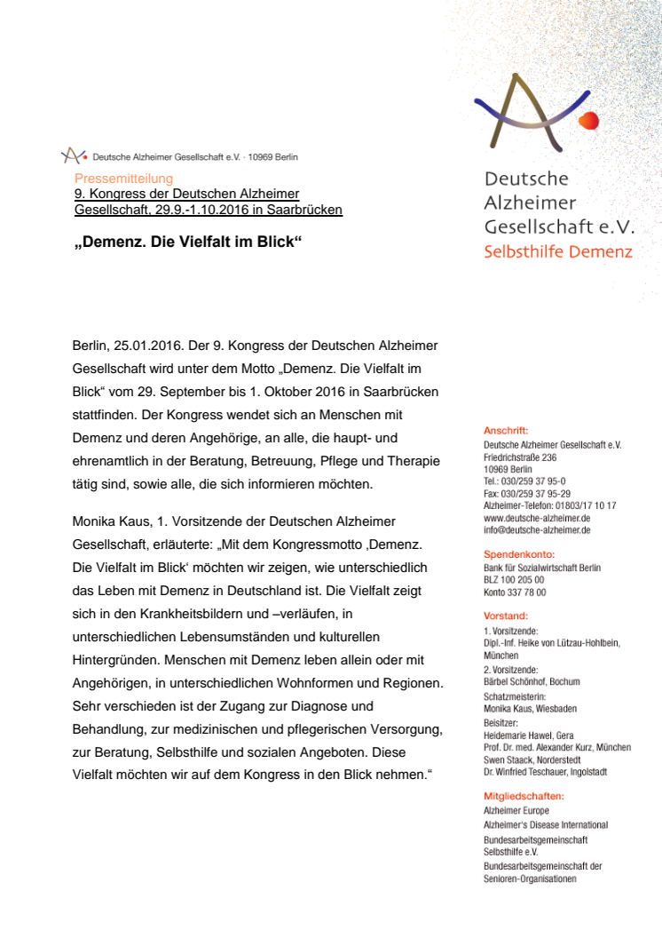„Demenz. Die Vielfalt im Blick“ - 9. Kongress der Deutschen Alzheimer Gesellschaft, 29.9.-1.10.2016 in Saarbrücken  