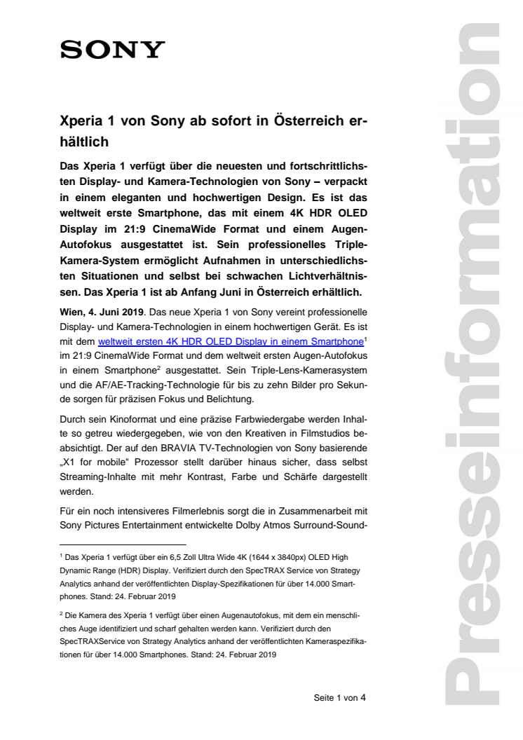 Xperia 1 ab sofort in Österreich erhältlich
