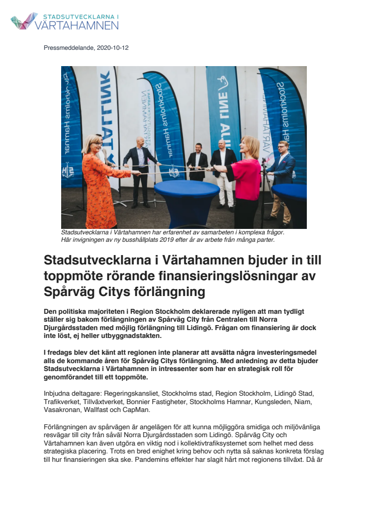 Stadsutvecklarna i Värtahamnen bjuder in till toppmöte rörande finansieringslösningar av Spårväg Citys förlängning