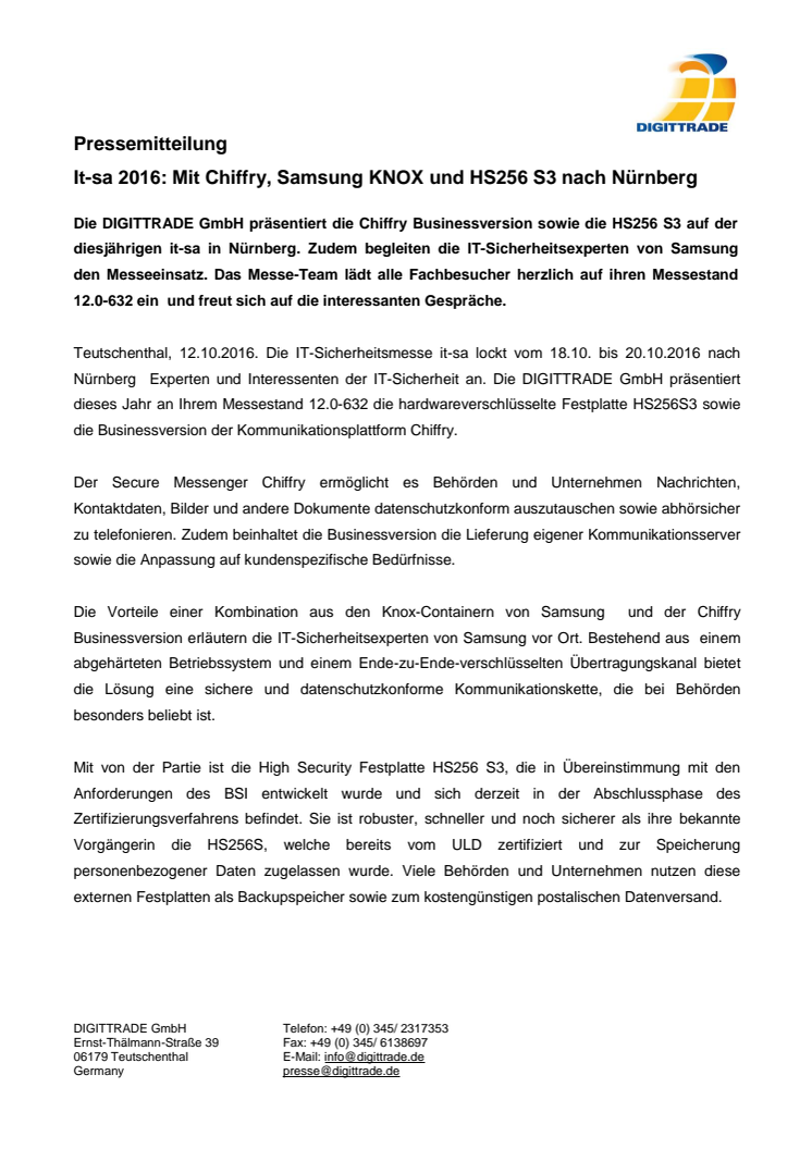 It-sa 2016: Mit Chiffry, Samsung KNOX und HS256 S3 nach Nürnberg