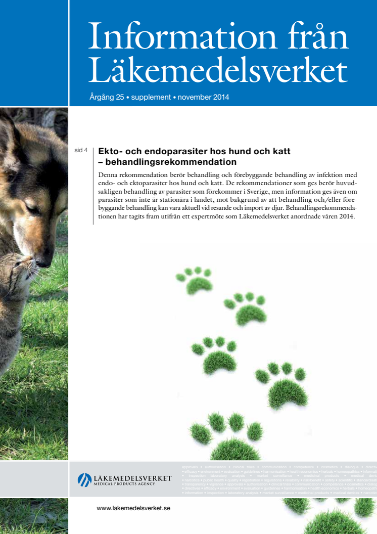 Ny rekommendation för behandling av parasiter hos hund och katt - Information från Läkemedelsverket, supplement 2014